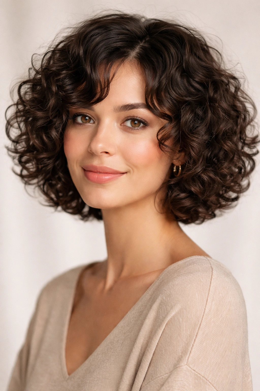 Chin-length curly bob with layered ends creating rounded silhouette