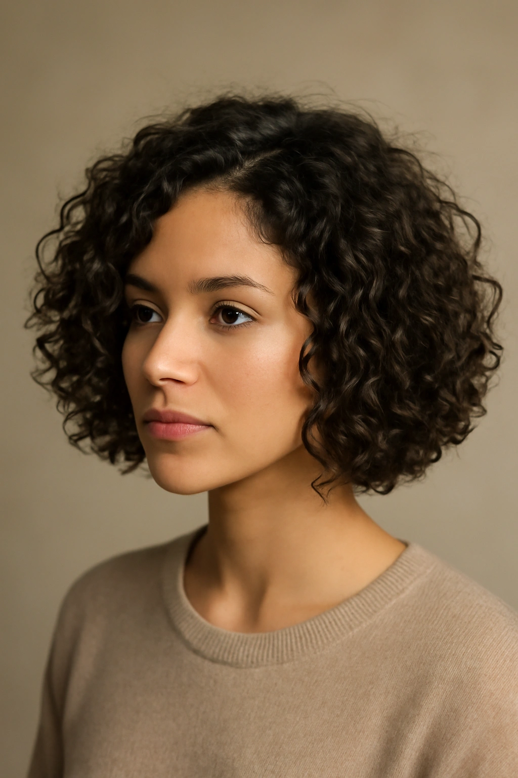 18 Short Bob Cuts For Fine And Thick Hair Alike 13 Close-up portrait of a model with a curly bob showcasing defined curls and layered volume