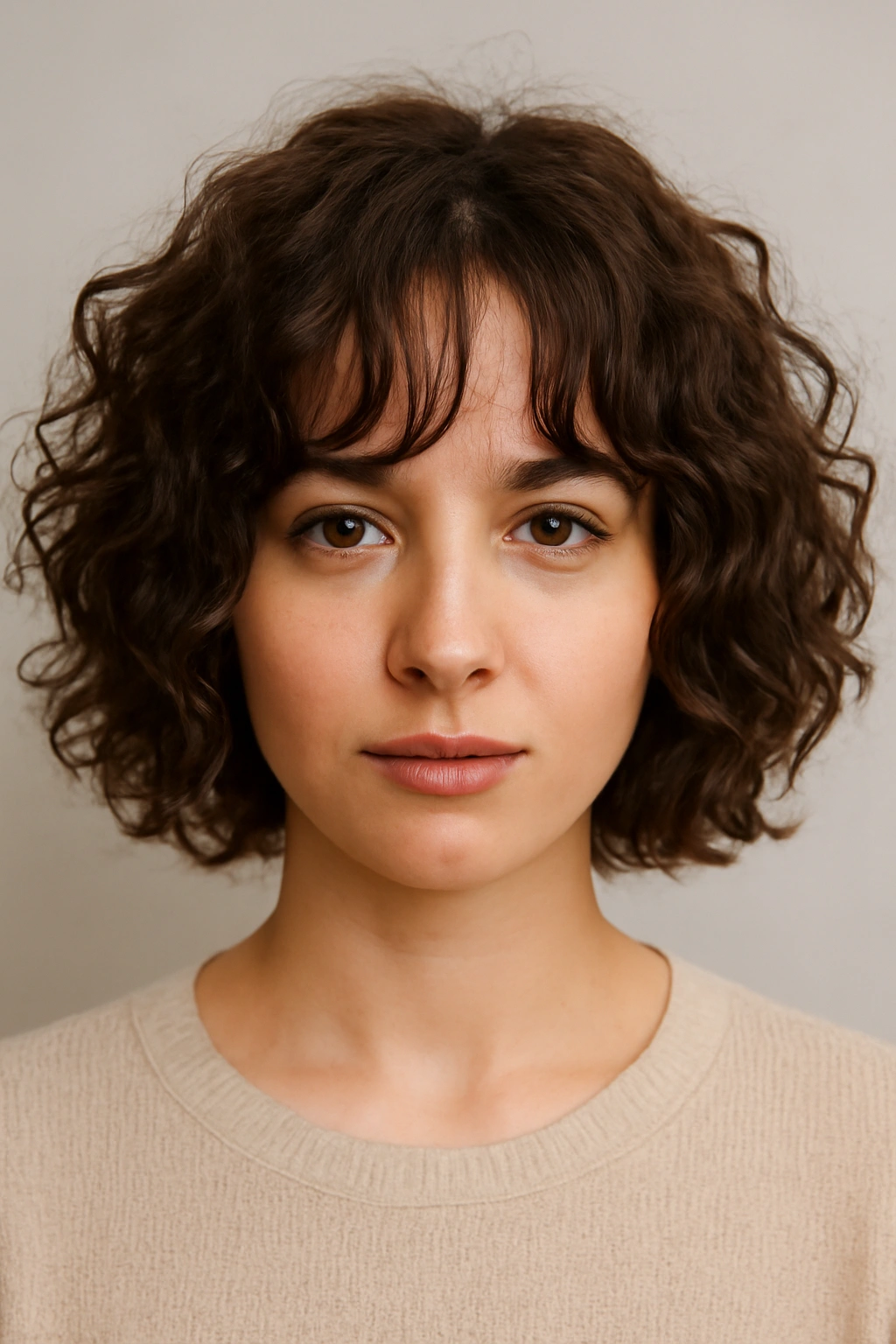 Frontal view of curly bob with curtain bangs showing face framing and movement.