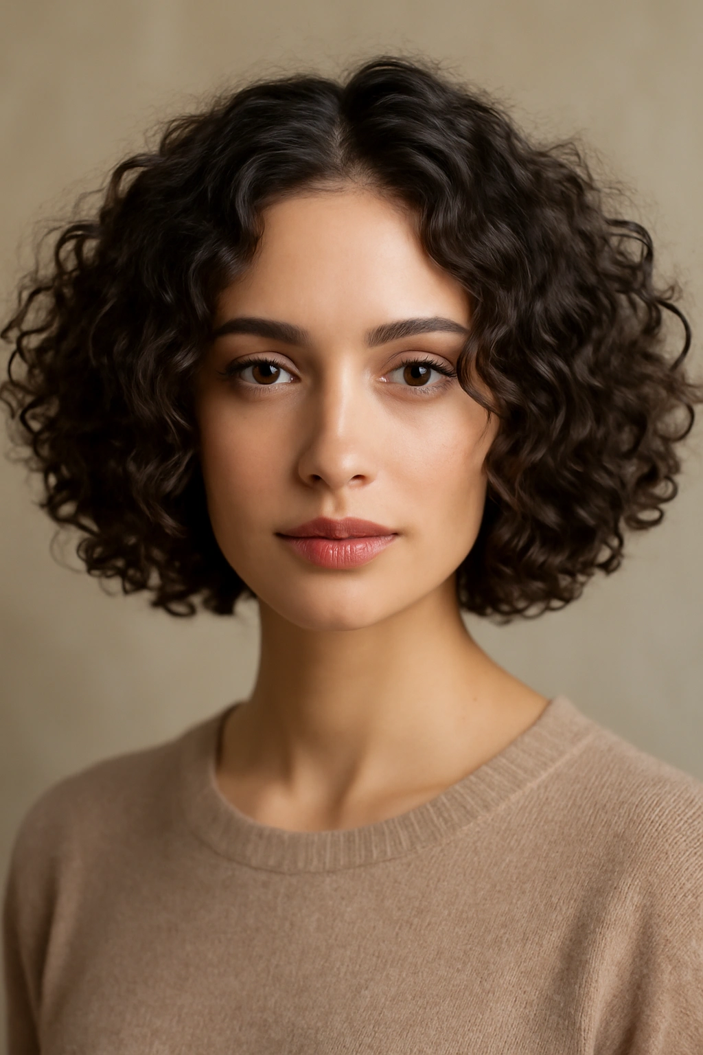 15 Gorgeous Bob Haircuts for Women With Curly Hair 13 Close-up of a model with a center-parted curly bob and face-framing curtain curls