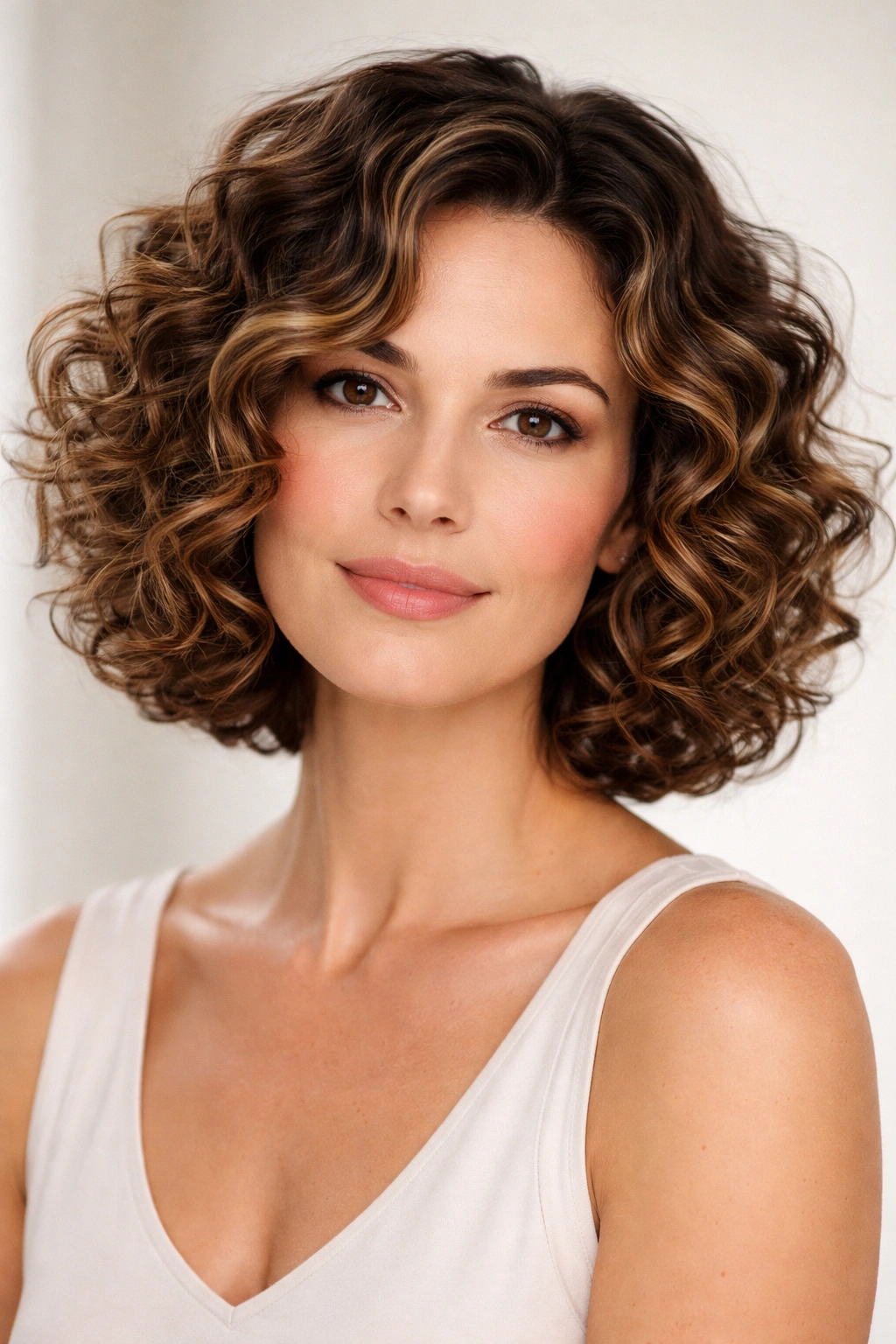 Curly bob hairstyle with defined curls and dimensional color.