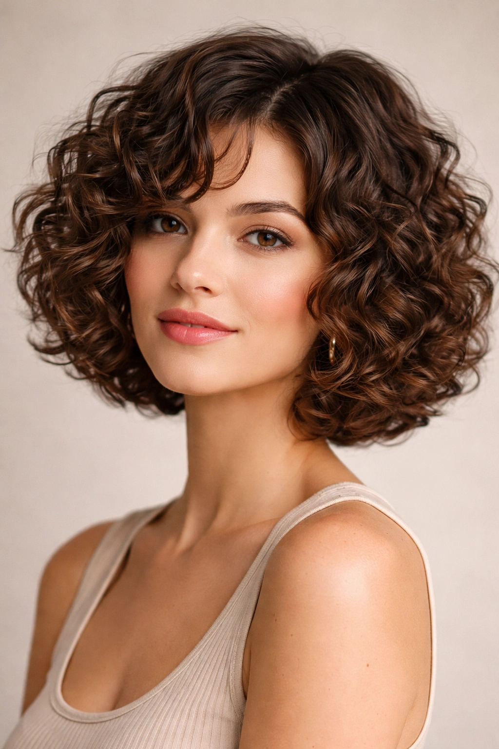 Close-up of a chin-length curly bob with defined curls