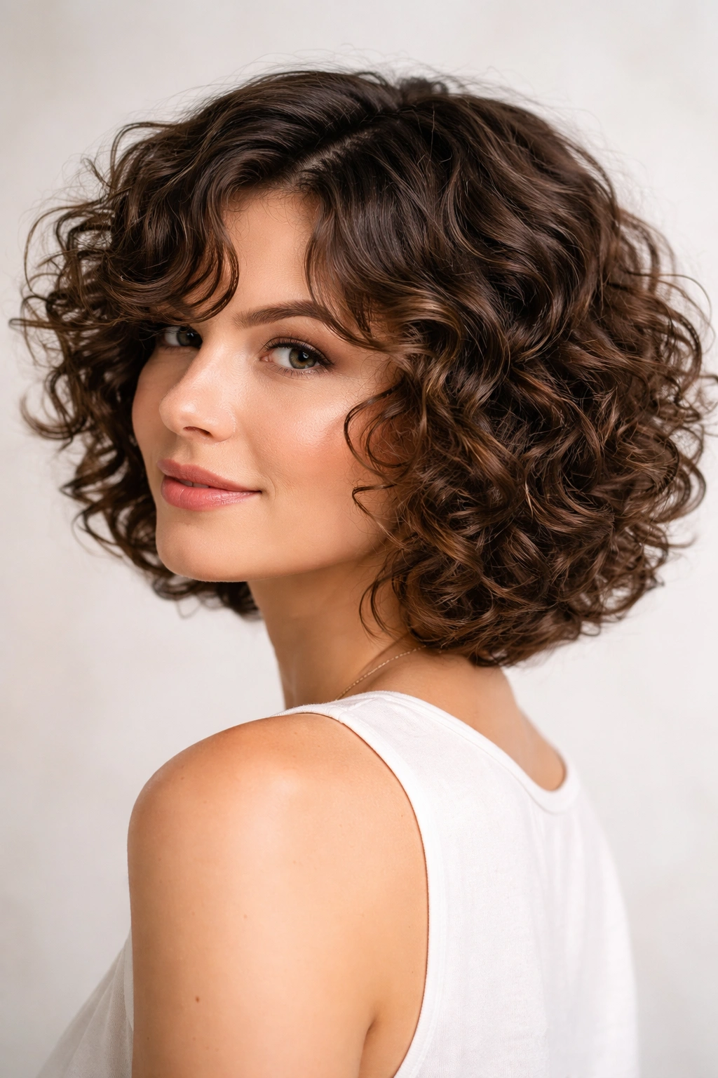 Curly bob with defined layers and bounce in studio lighting