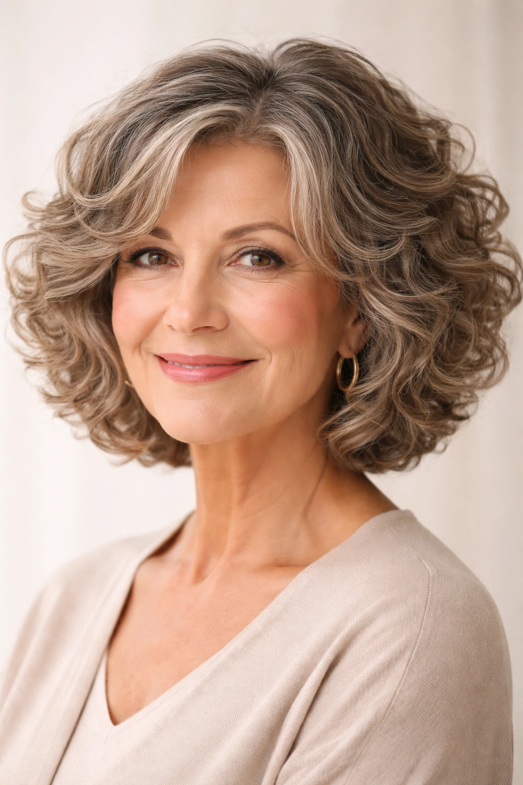 Close-up of a curly bob with face-framing layers and voluminous curls