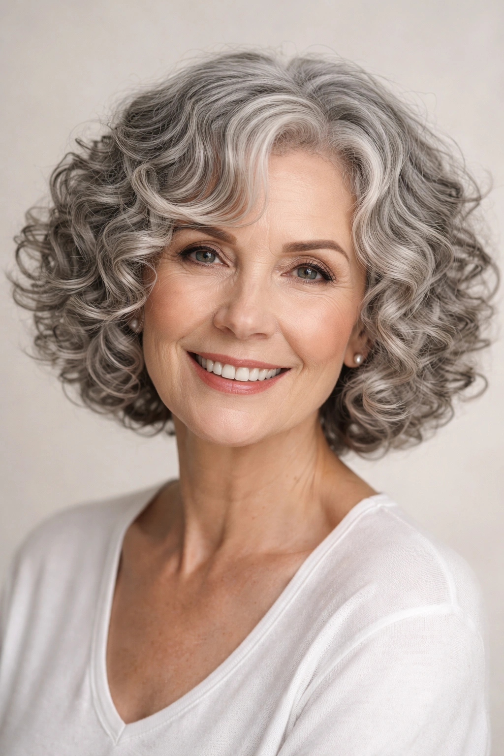 Curly bob with defined curls in gray hair