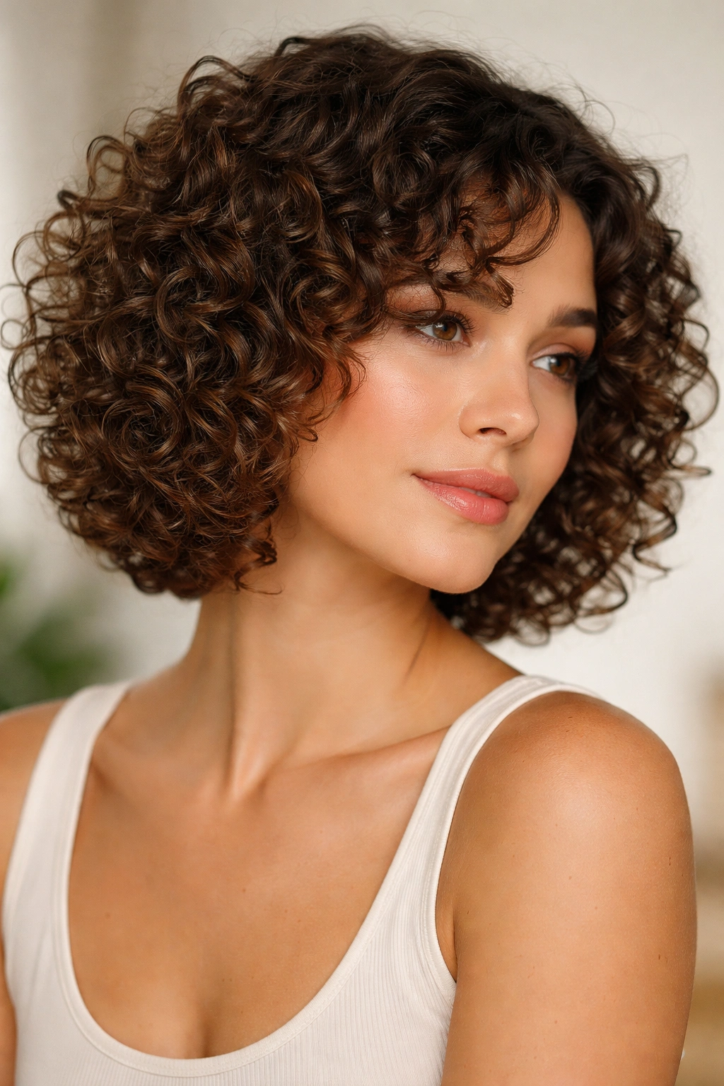 Curly bob with defined curls and rounded shape.