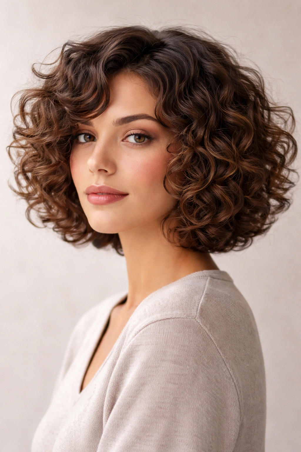 Close-up portrait of a person with a curly bob showing defined curls and layered texture.
