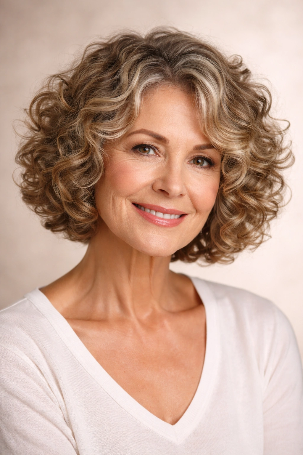 Curly bob with subtle highlights enhancing depth