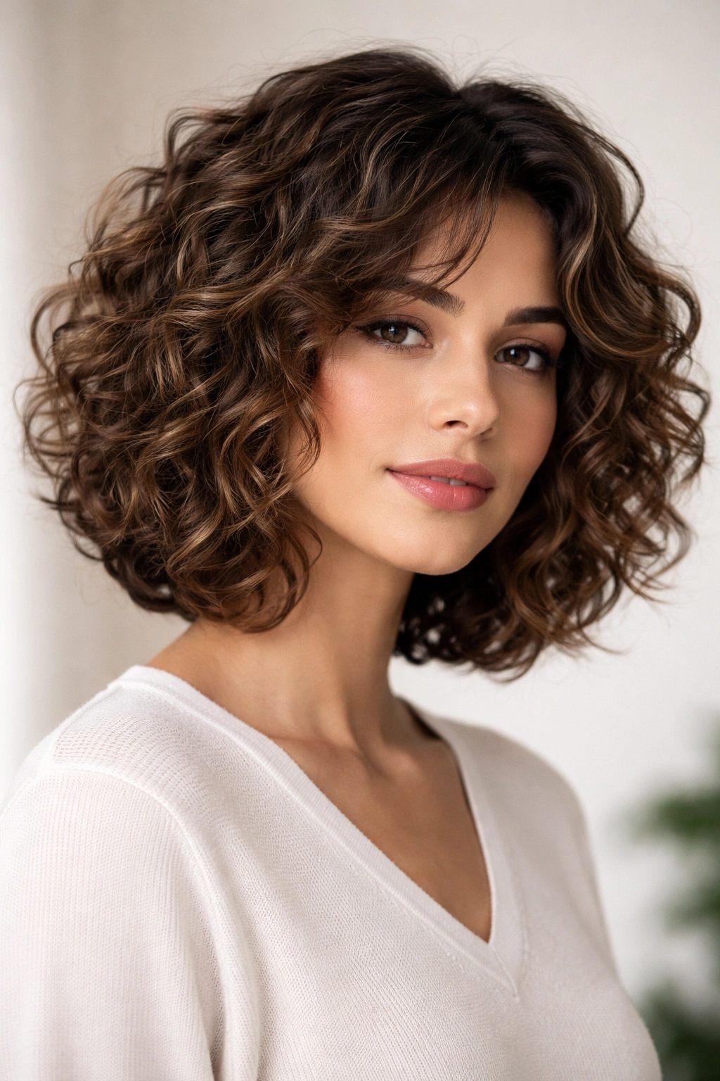 Close-up of a shoulder-length textured curly bob with intentional layers and lifted curls