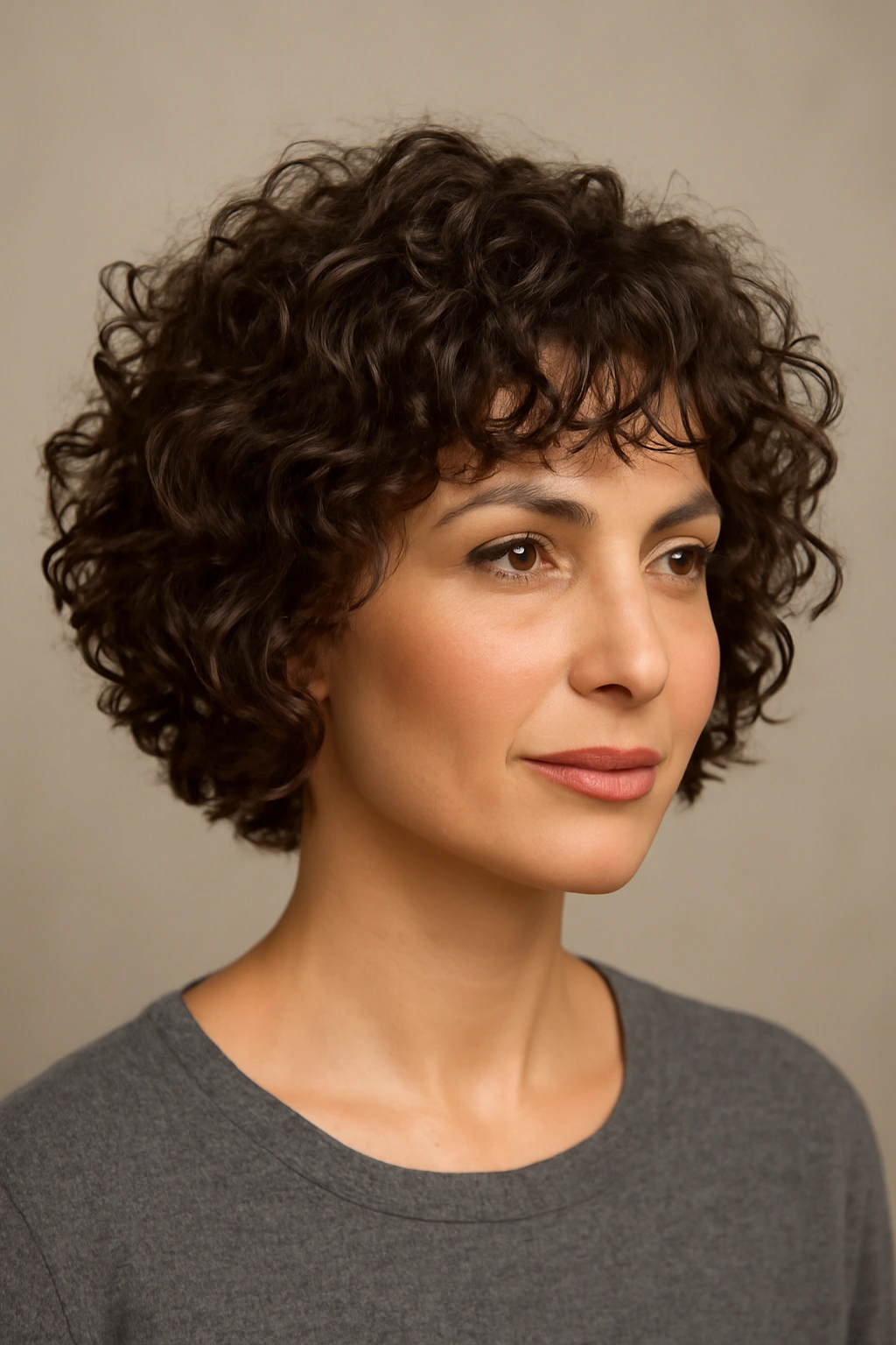 Head-and-shoulders view of a layered curly bob with defined curls
