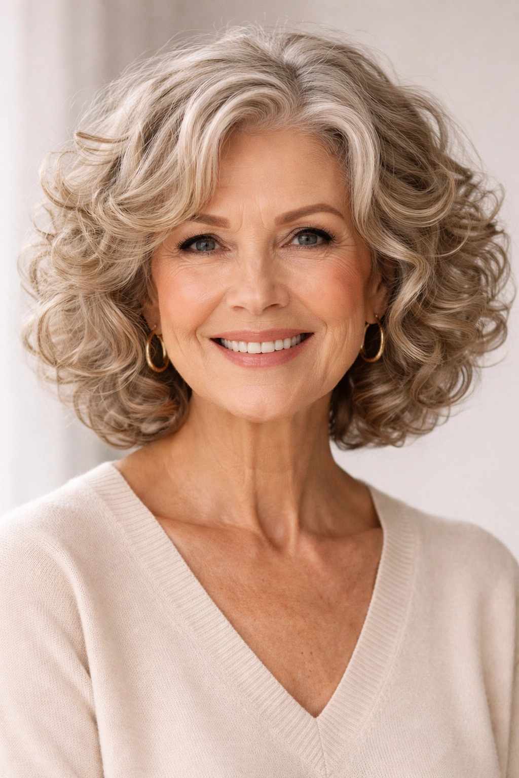 Portrait of curly medium-length bob with defined curls and layered shaping.