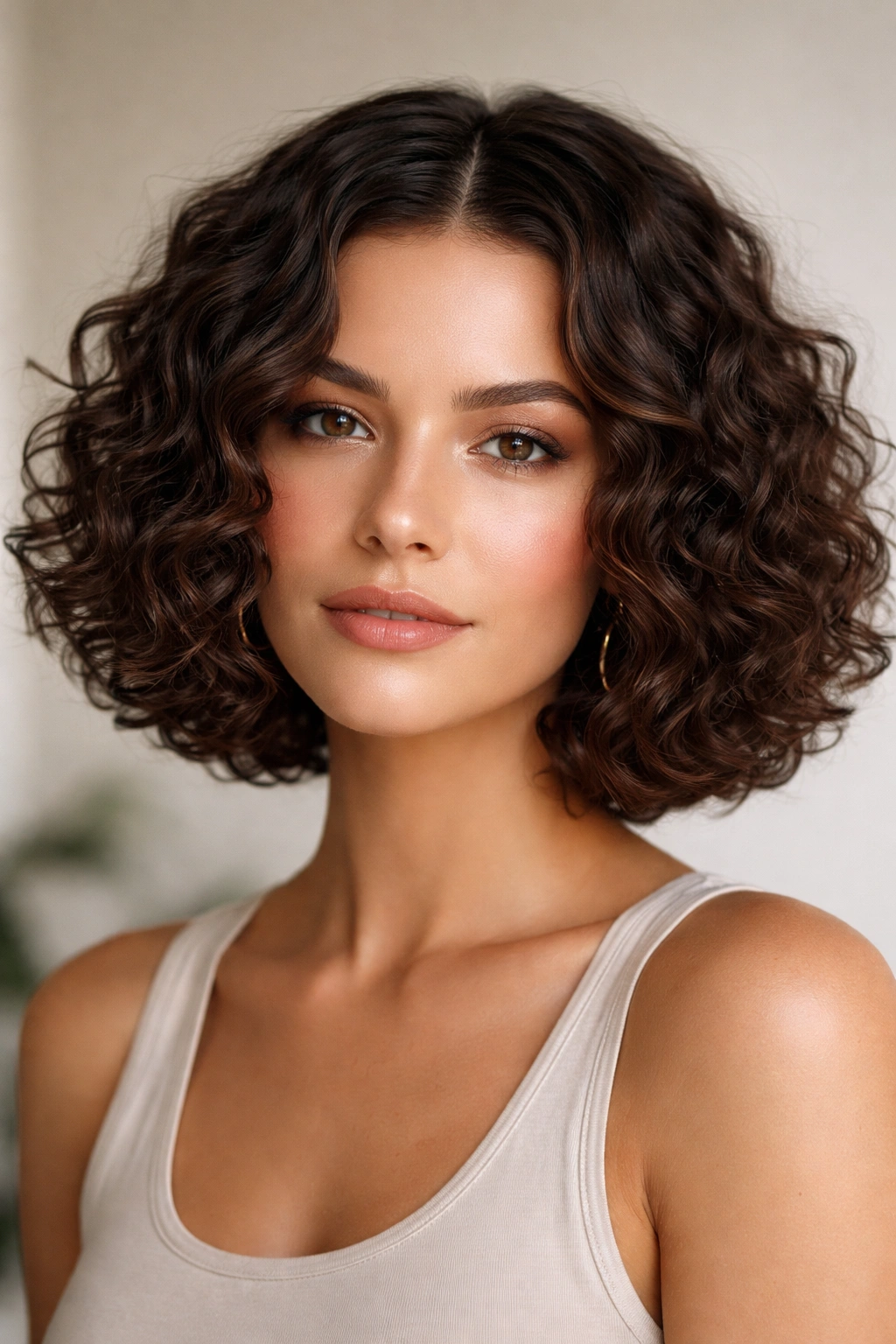 Curly bob with middle part showing defined curls