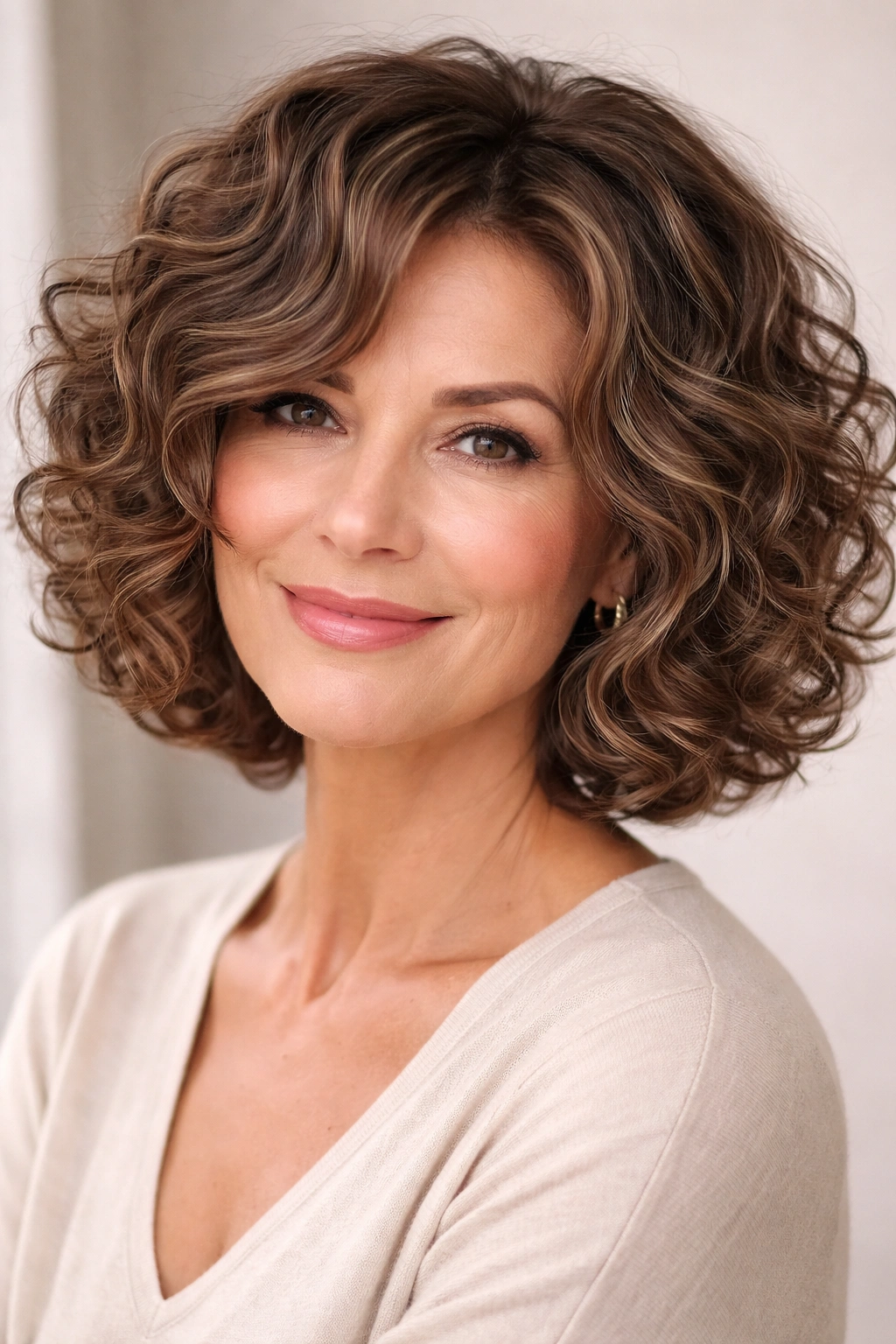 Close-up of chin-length curly bob in mocha tones on a mature woman