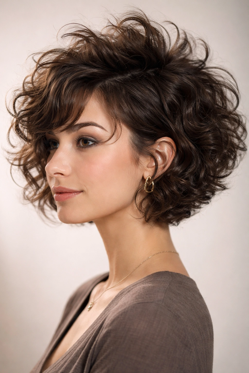 Close-up of a choppy curly bob with peaked crown and shorter sides showing dramatic volume.