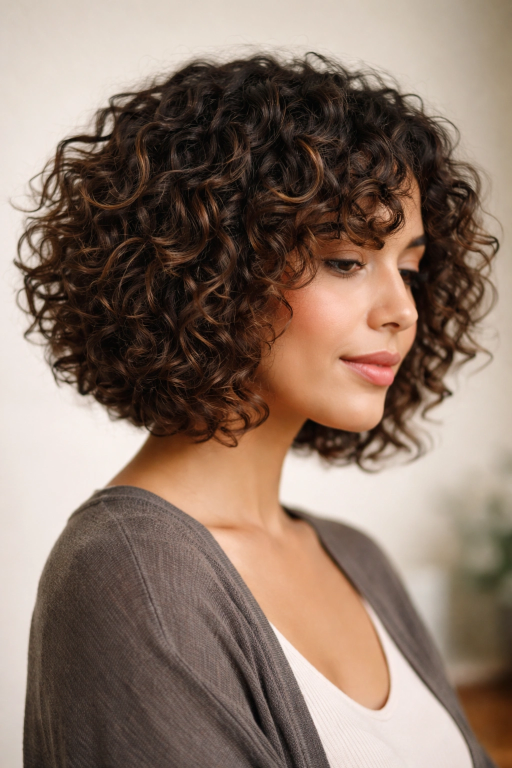 10 Razor Cut Bobs For A Soft And Wispy Finish 7 Close-up of a curly bob with defined curls and soft layers