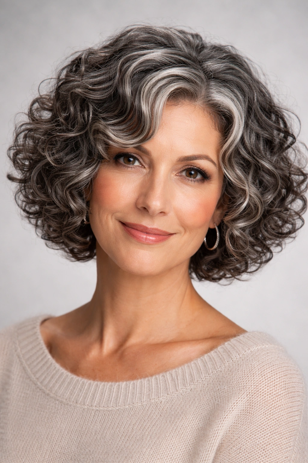 Chin-length curly bob with salt-and-pepper blend and defined curls