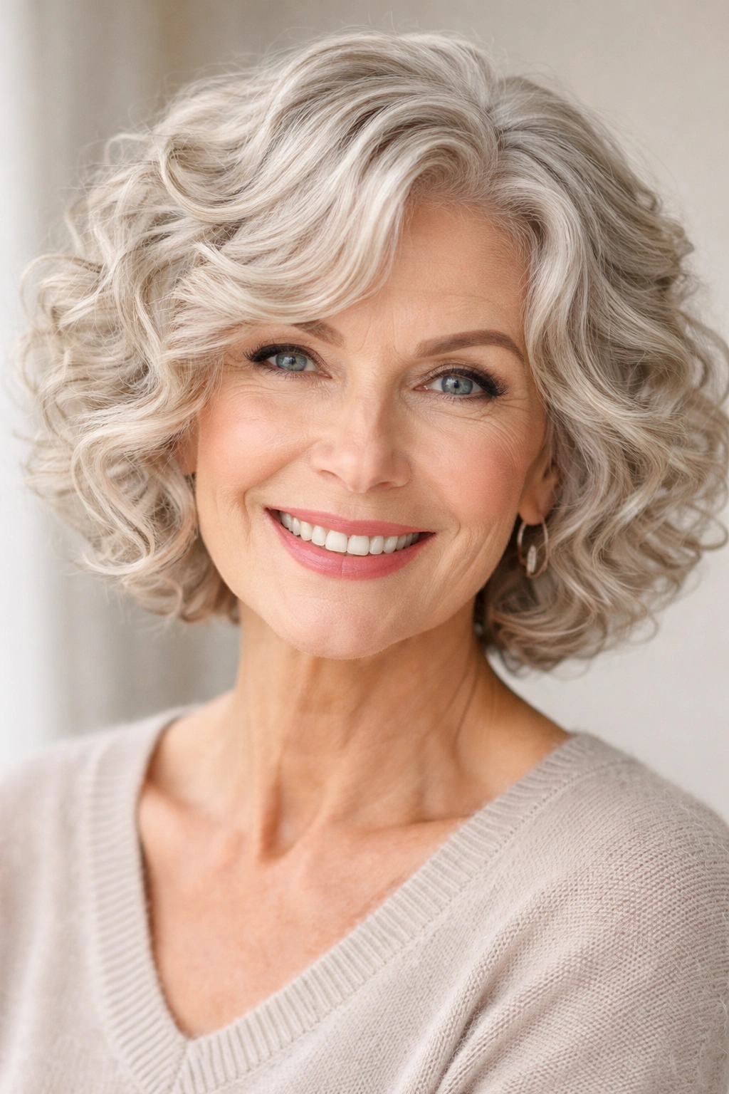 Short curly bob in soft silver blonde