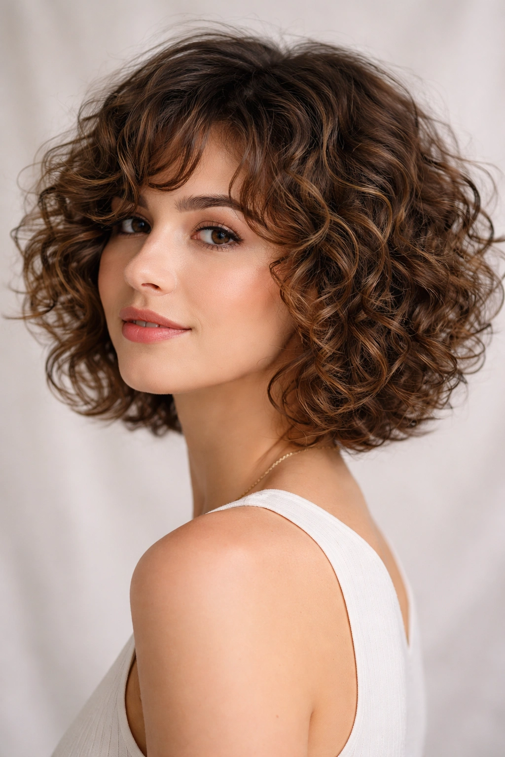 Close-up of a chin-length curly bob with heavy texture and front layers framing the face.