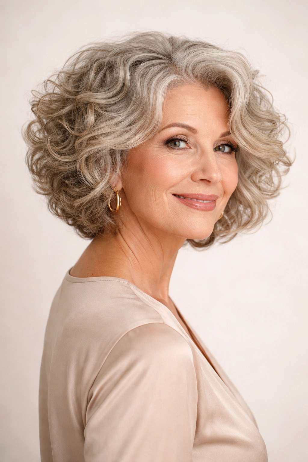 Mature woman with voluminous curly bob and modern angles