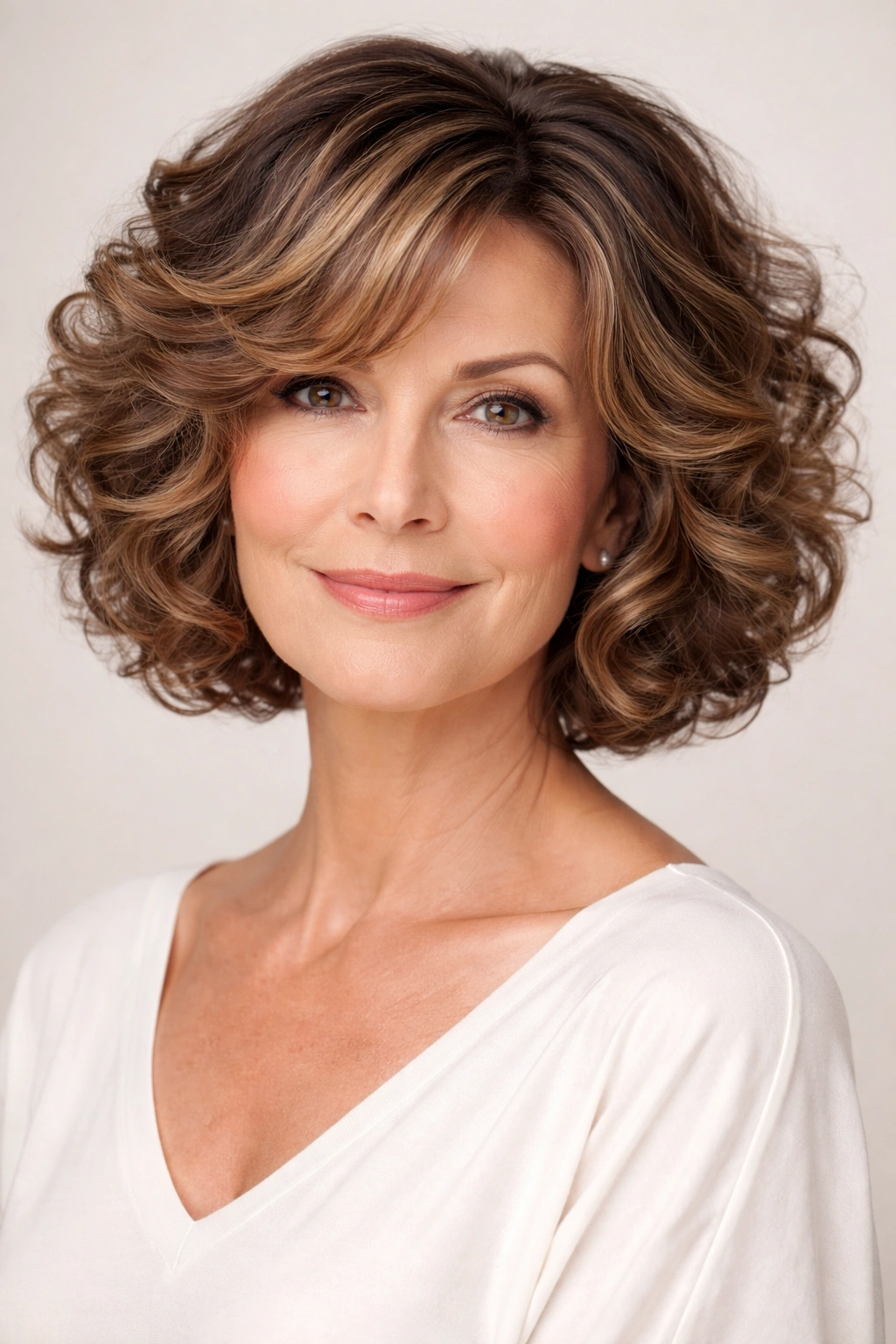 Chin-length layered curly bob with warm honey highlights on mature woman