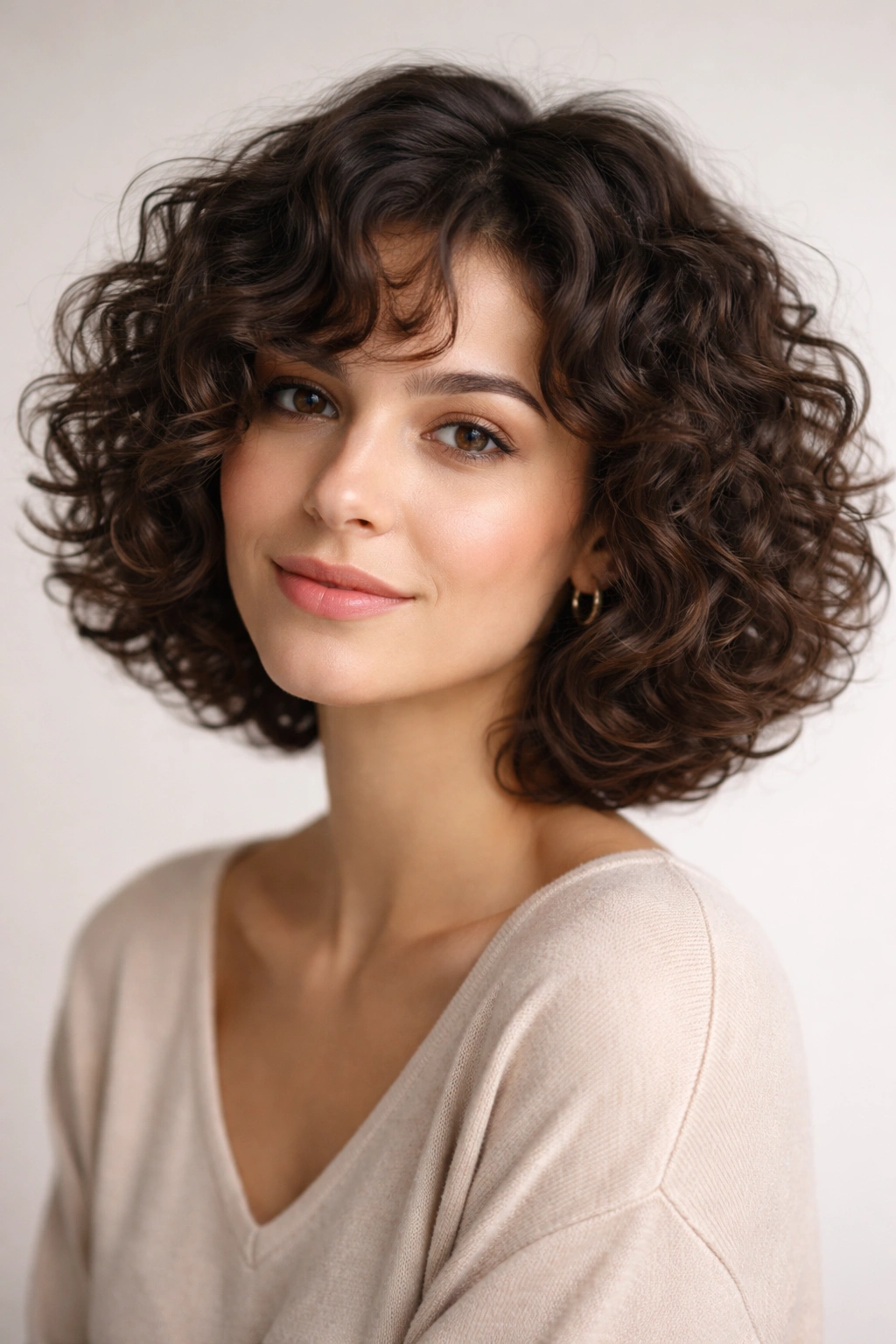 Close-up of a chin-length curly bob with rounded silhouette