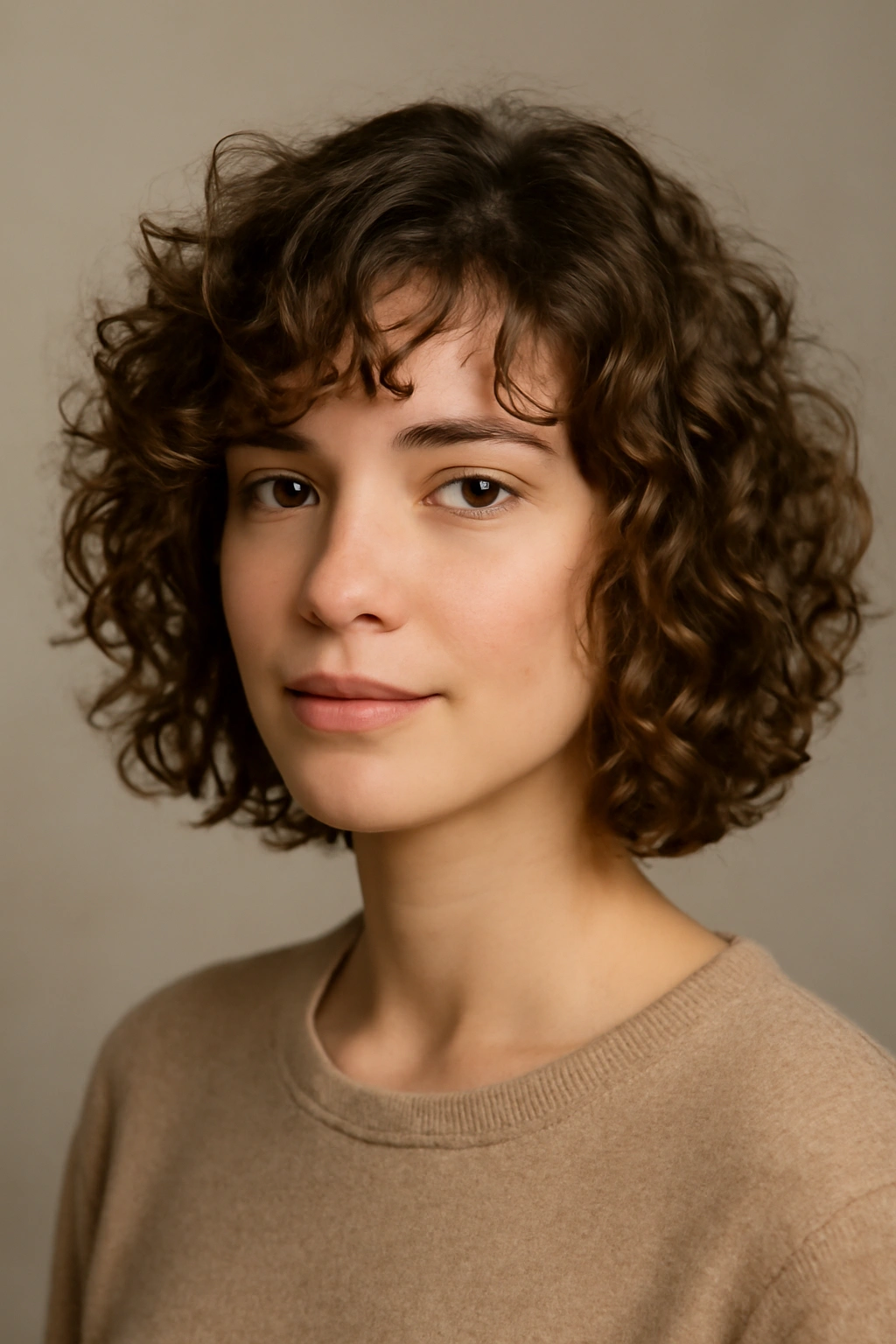 Portrait of The Curly Bob with Wispy Layers showing soft face-framing wisps