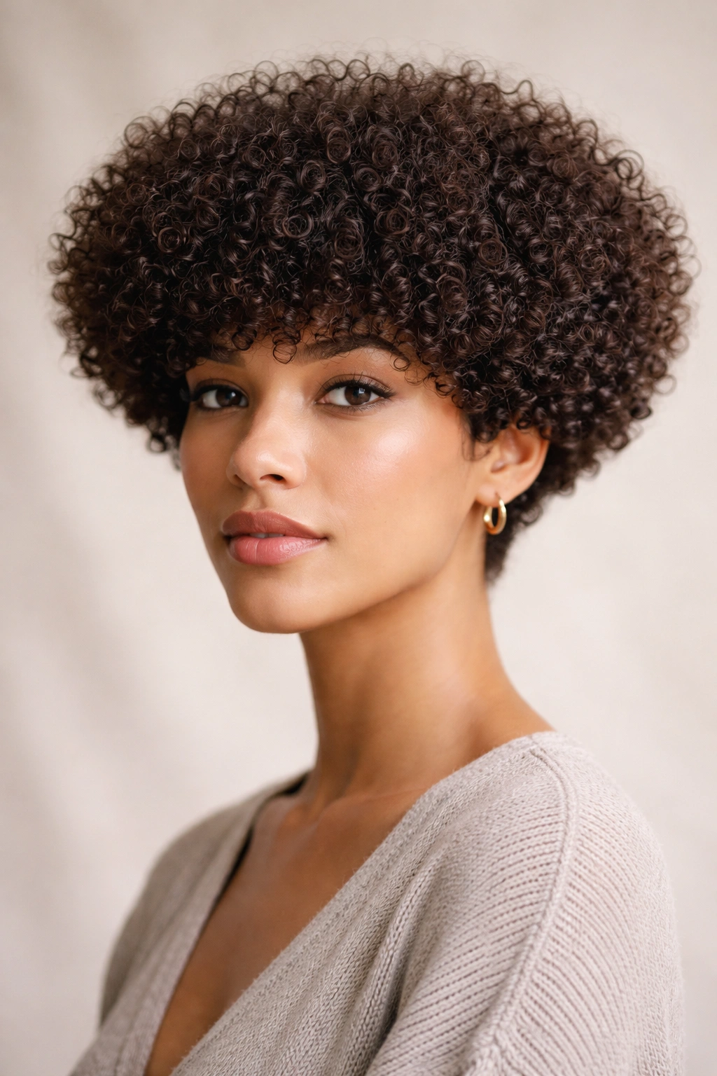 Curly bowl cut with natural texture and defined curls