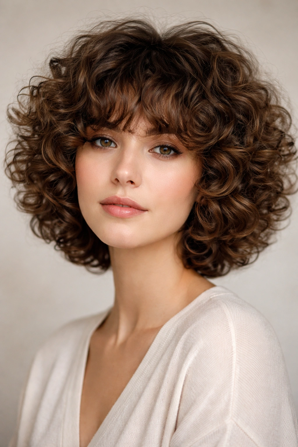 12 Short Haircuts With Curly Bangs You Ll Love 7 Close-up of curly bubble cut with soft bangs and voluminous crown