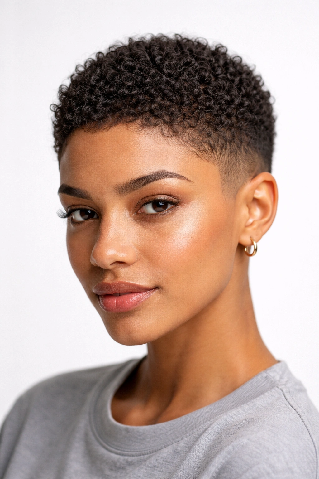 Close-up of a model with a curly buzz cut showing uniform short curls