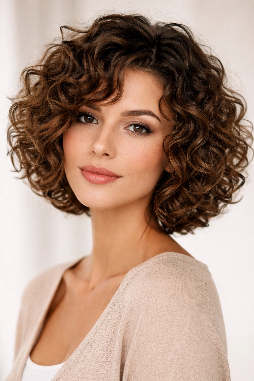 Close-up of curly chin-length bob with bounce and defined crown