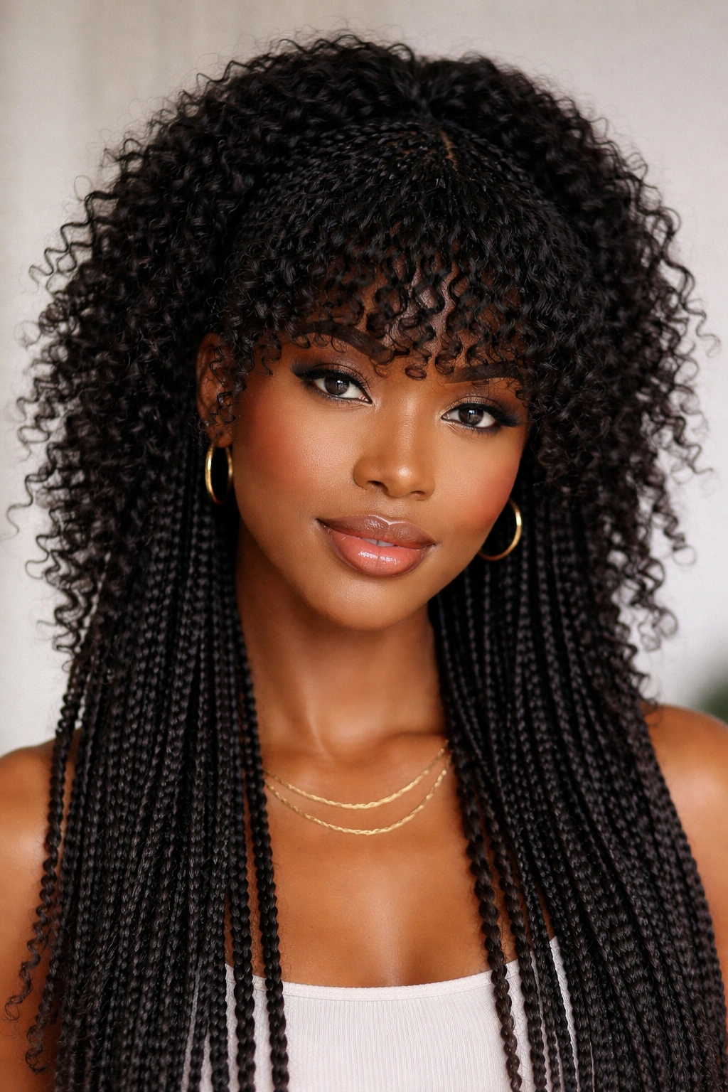 Front view of a Black woman with curly coily bangs over a braided base.