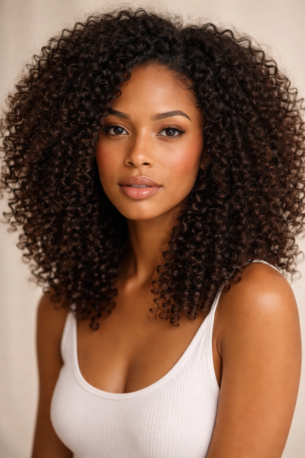 12 Hairstyles That Widen And Flatter A Long Face 6 Model with curly/coily hair emphasizing width at the sides