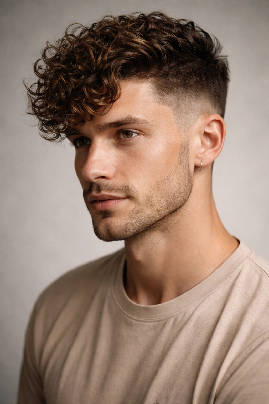 Portrait of a person with a curly comb-over showing a long top swept to the side and short sides