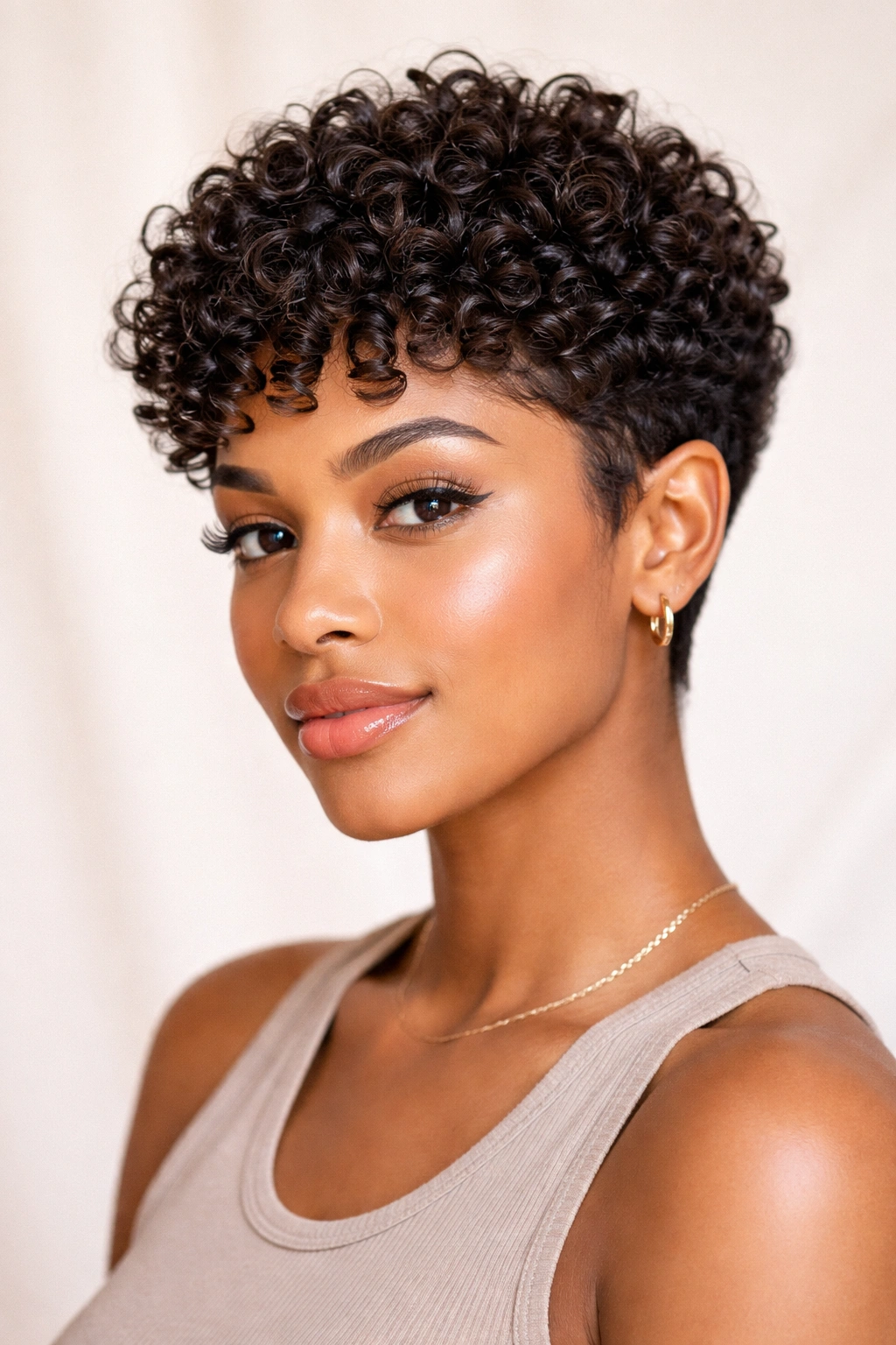 Portrait of a person with a curly crop showing defined 3C curls on top