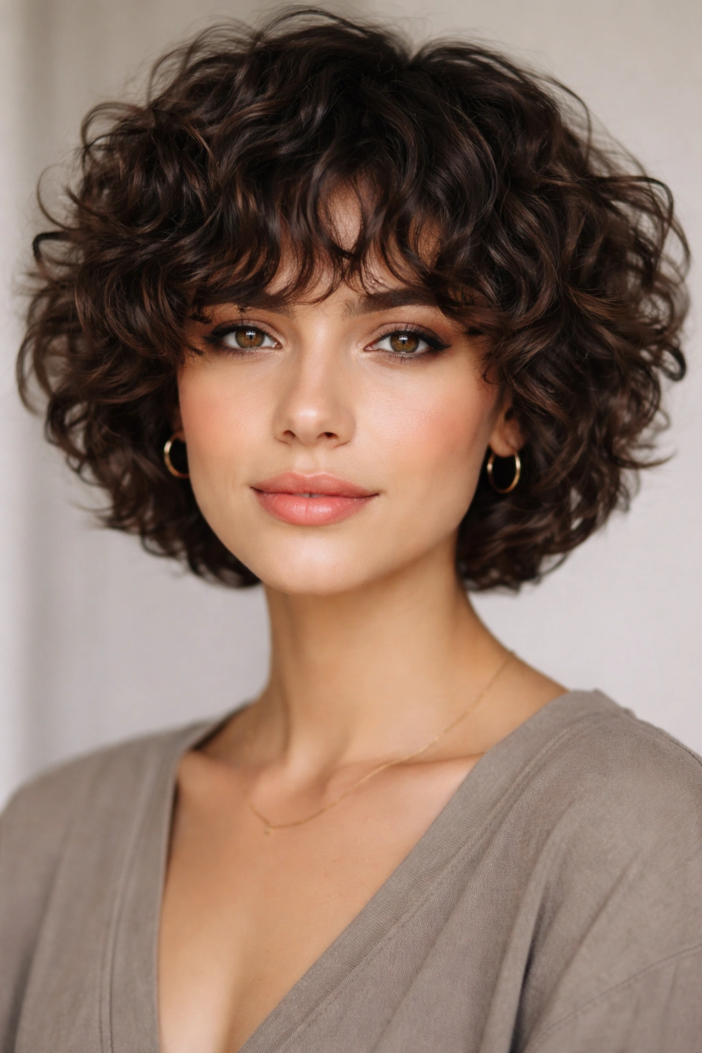 Close-up of a person with a short curly crop and bangs, face-framing hairstyle