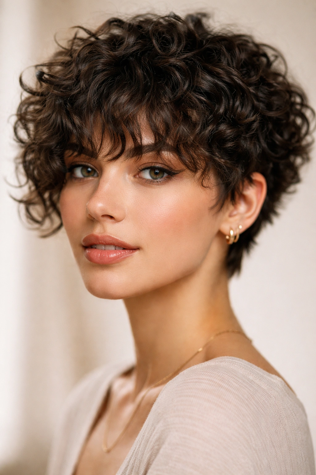 20 Short Curly Haircuts That Look Incredible 8 Portrait of a person with a short curly crop and long bangs framing the face.
