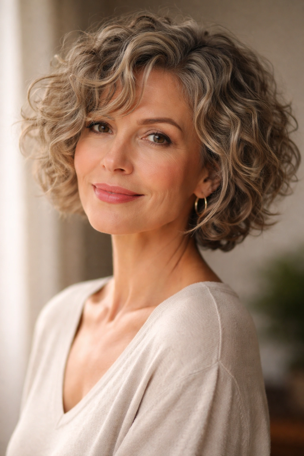 12 Chin Length Hairstyles For Women Over 50 9 Tousled chin-length curly crop with loose natural curls and texture