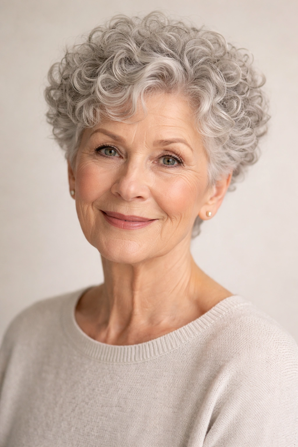 Elderly woman with a defined curly crop showing texture and curls