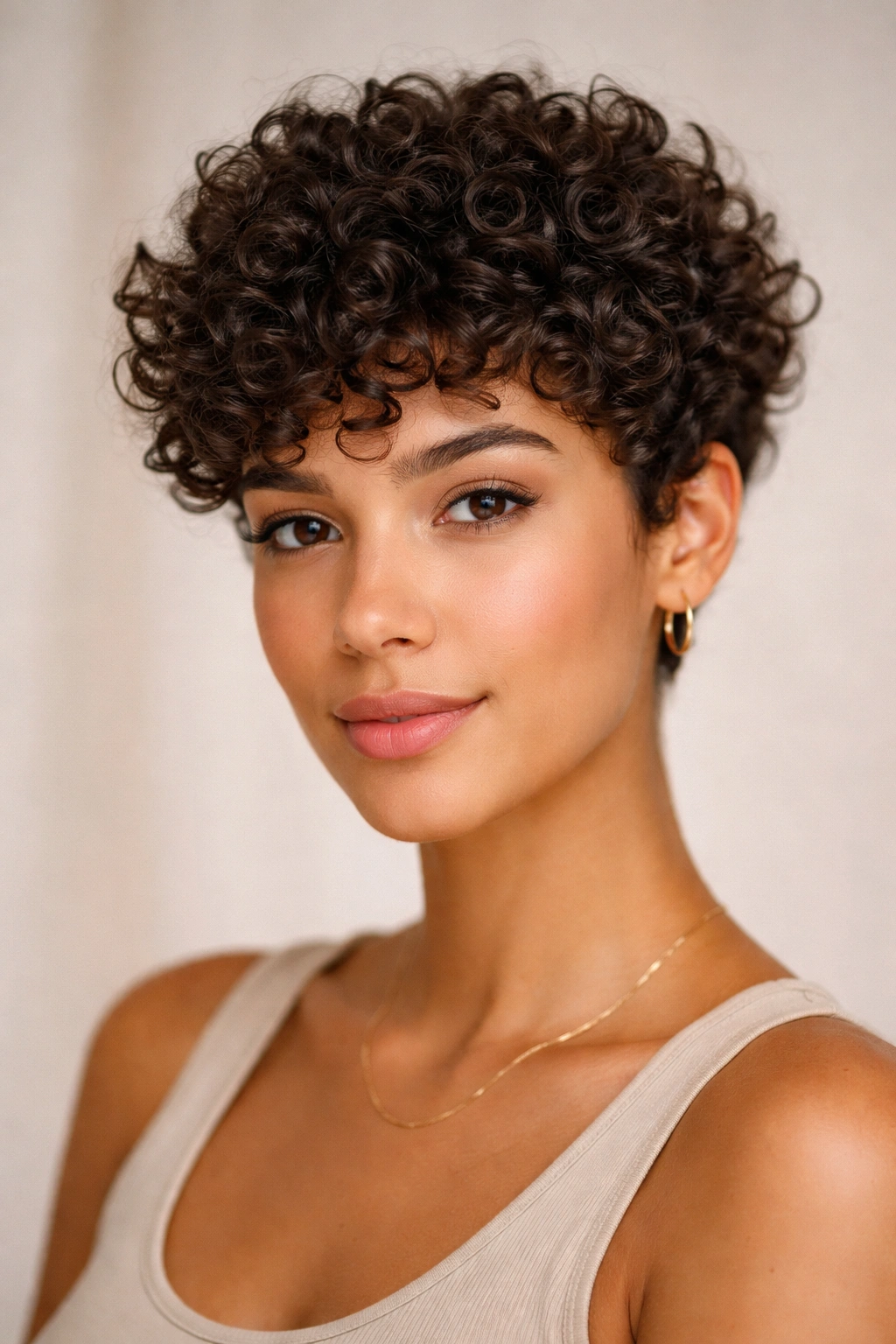 10 Short Haircuts That Tame Frizzy Hair For Real 9 Close-up of a person with a short curly crop and defined curls