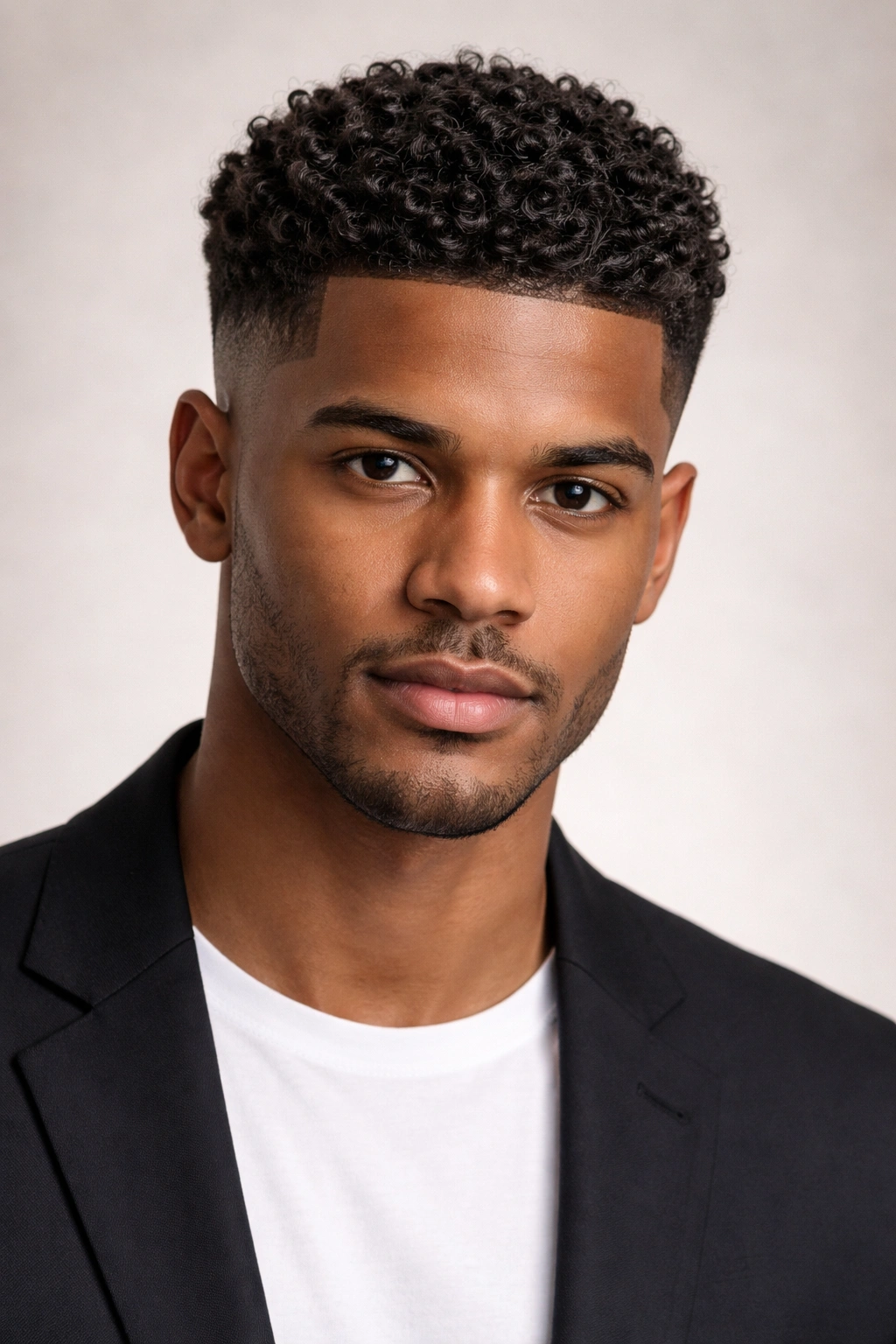 Close-up of short curly crop hairstyle showing defined curls and tapered sides