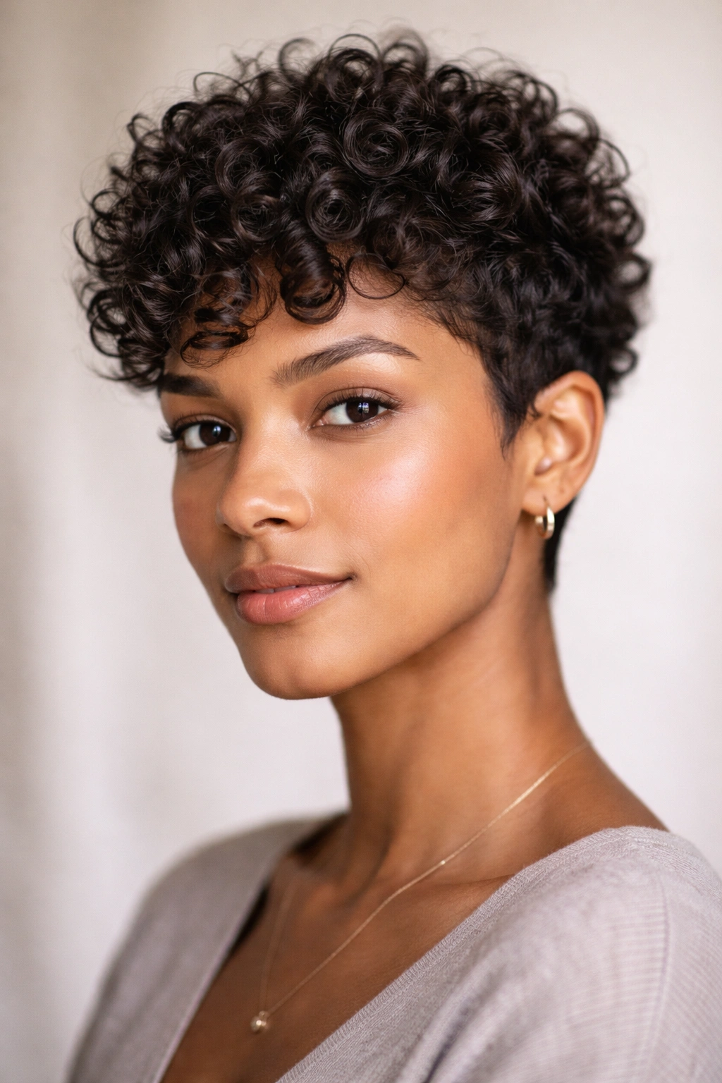 15 Low Maintenance Haircuts For Packed Schedules 5 Close-up of a person with a curly cropped hairstyle and defined curls