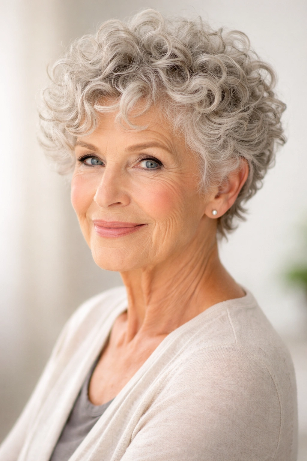 Curly crop hairstyle featuring tight curls and crown volume on a short head