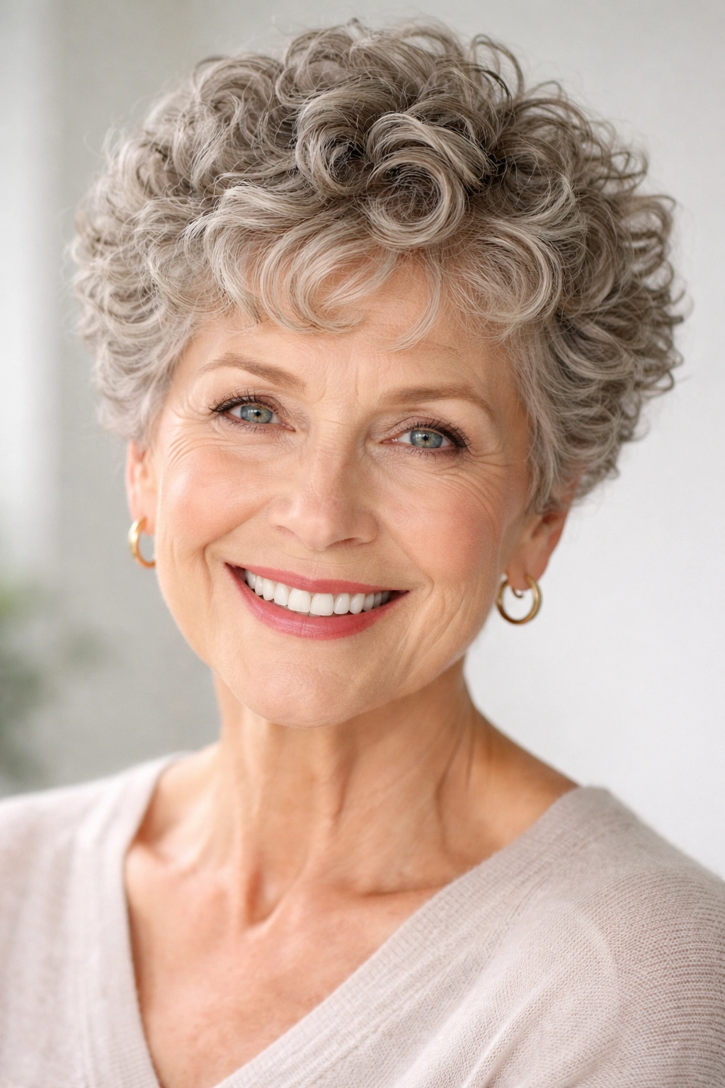 Short curly crop with defined curls and lightweight texture.