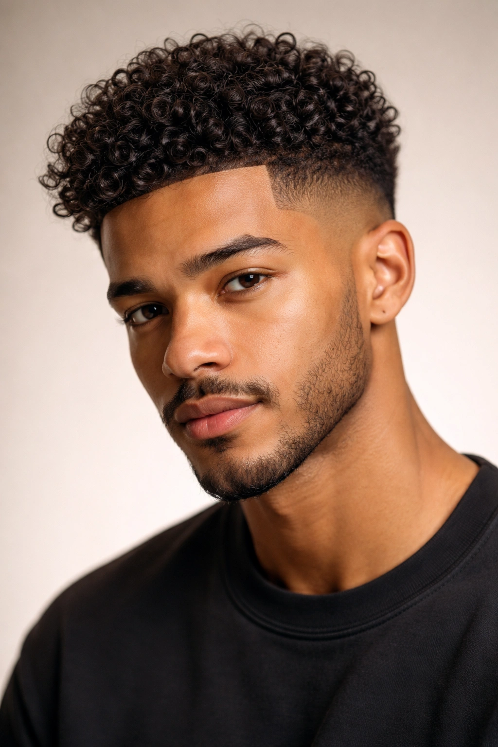 Portrait of a curly crop top fade with longer top and clean side fade