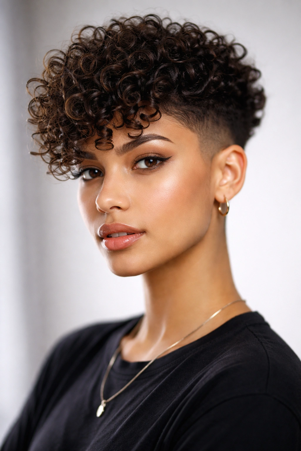 Portrait of a curly crop with an undercut showing a bold top curl and shaved sides