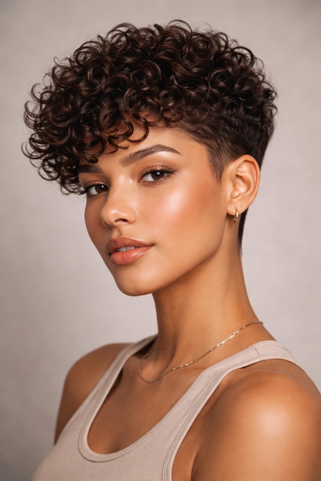 Close-up of curly cropped hair in rich chocolate brown with defined curls.