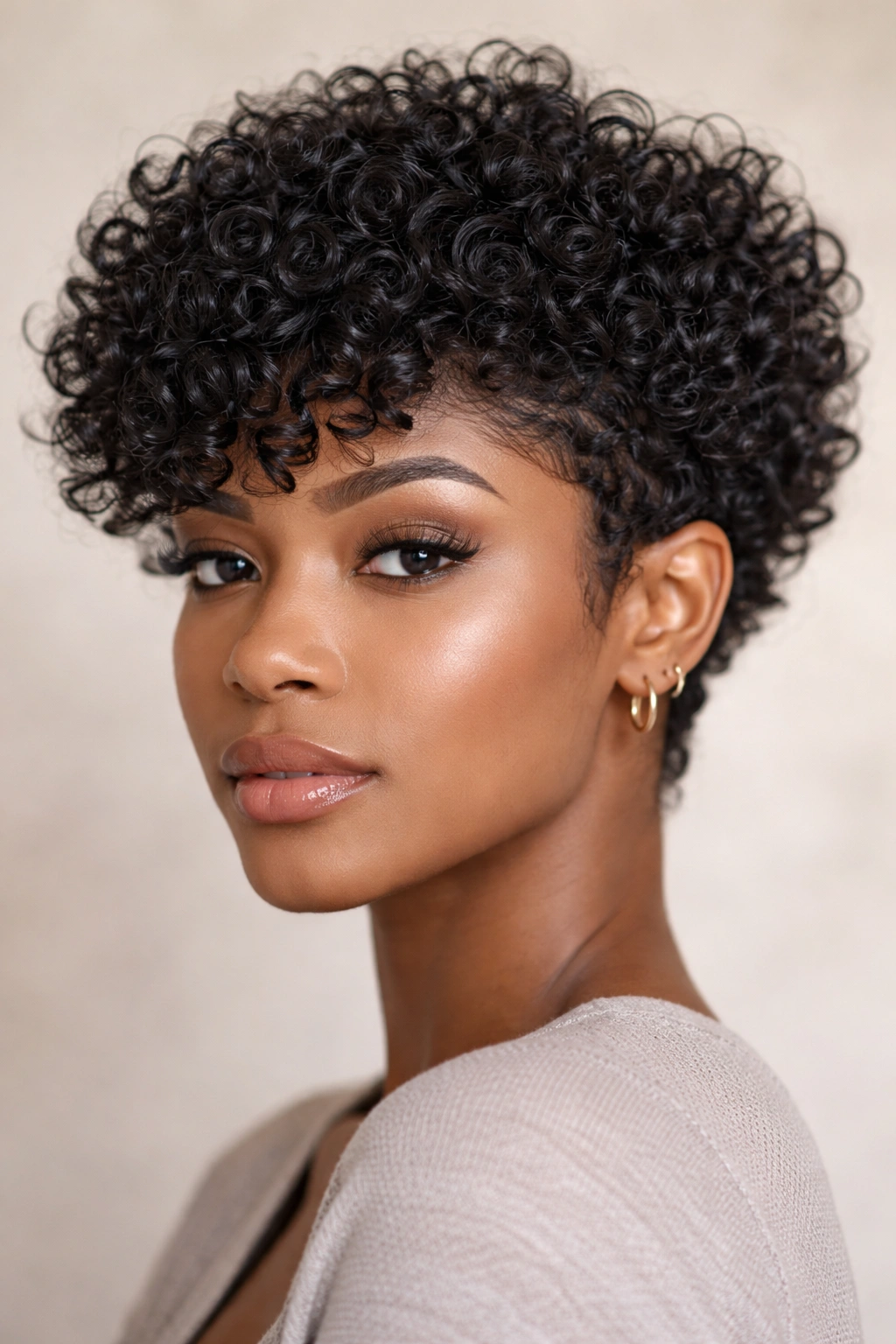 Close-up of curly cropped weave with defined curls all over