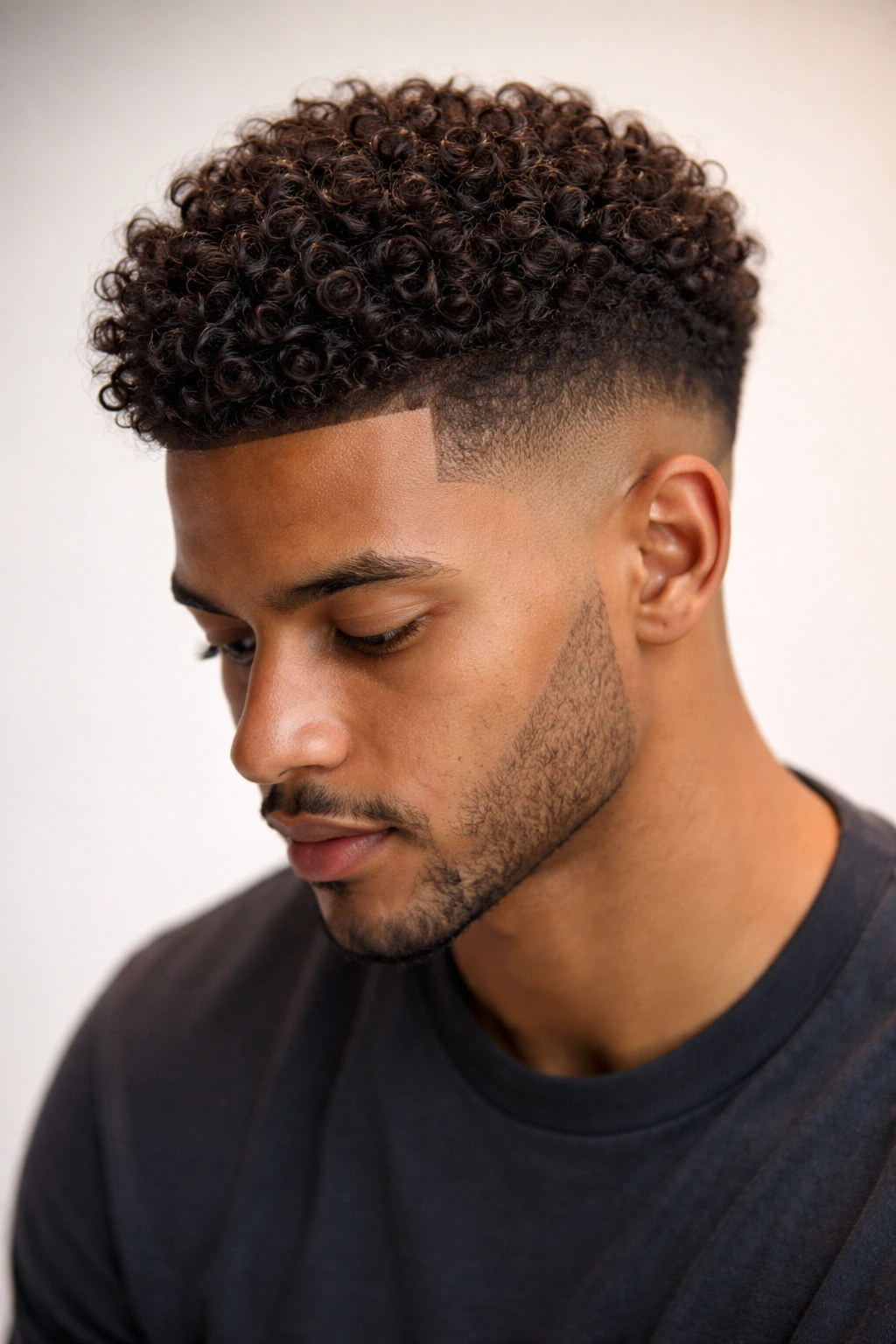 Close-up of The Tapered Fade with Curly Crown showing short fade and curly top