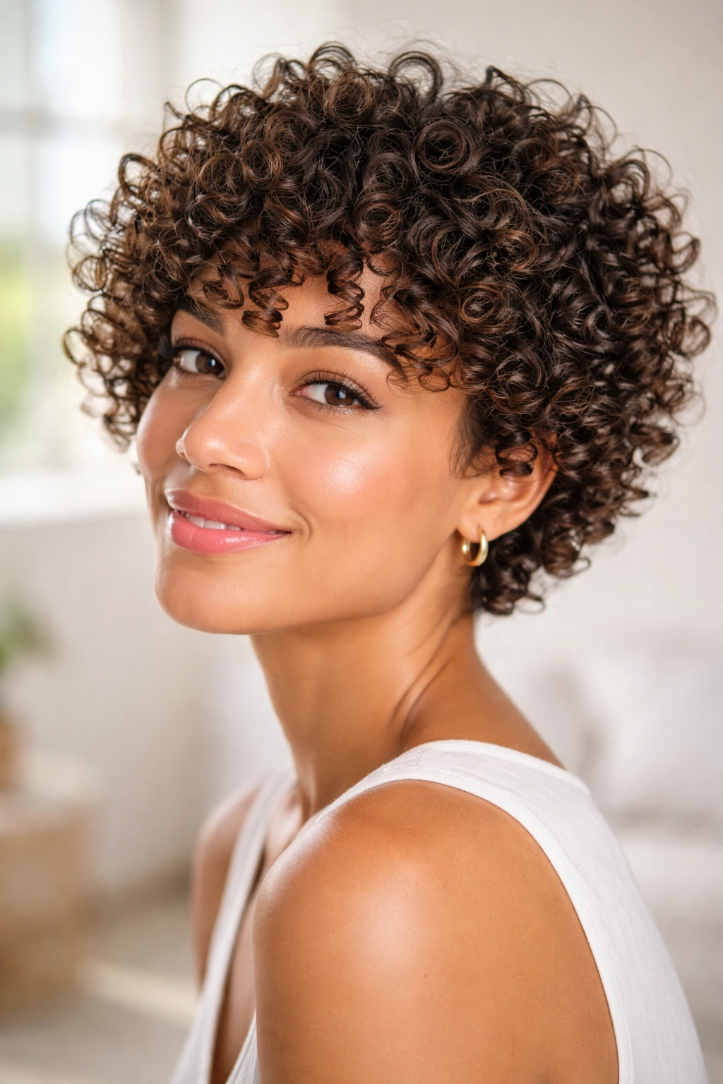 Close-up of a short curly hairstyle with defined independent coils.