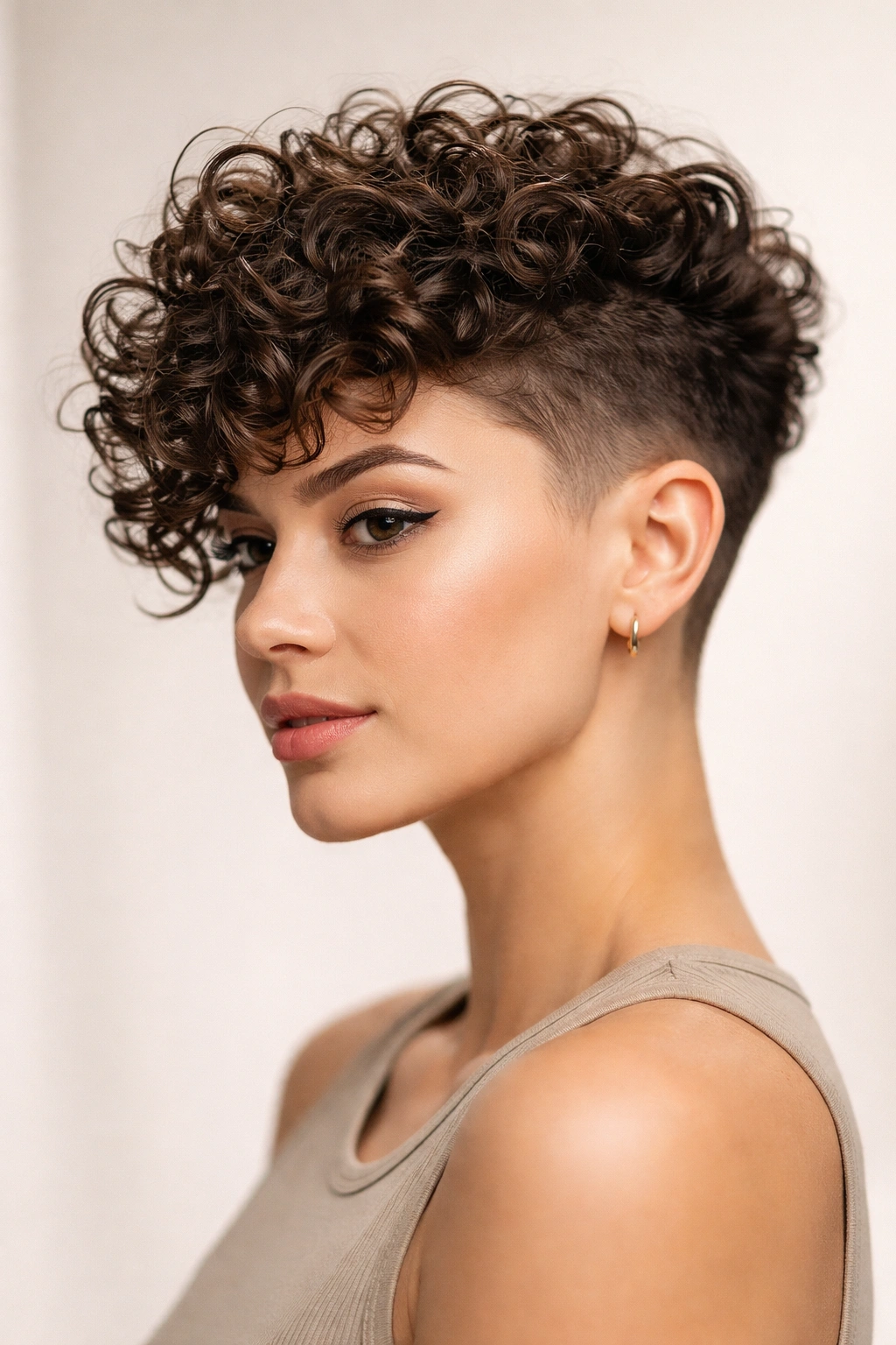 Portrait of defined curls on top with faded sides and undercut.